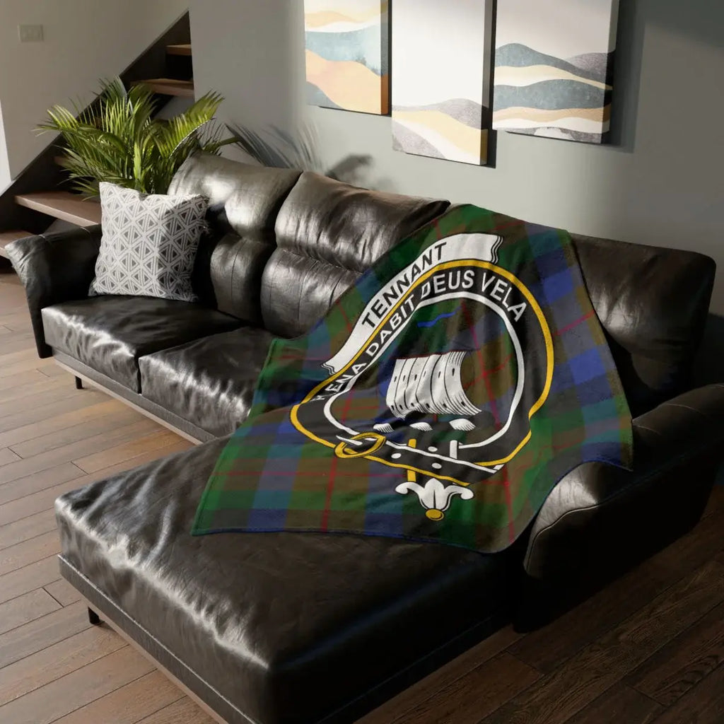 Clan Tennant crest tartan throw blanket — lightweight 100% polyester, plaid design