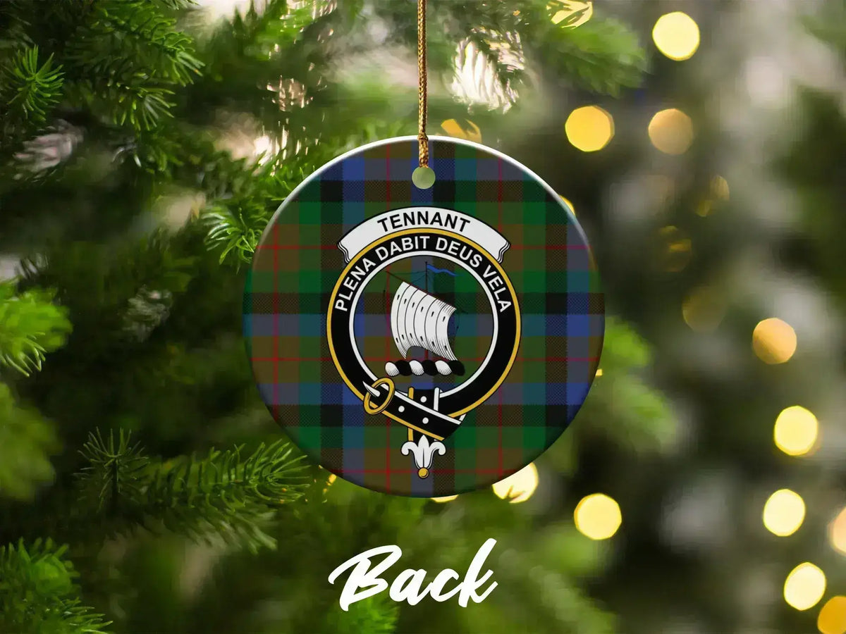 Clan Tennant plaid Christmas ornament with distinctive crest design — ceramic
