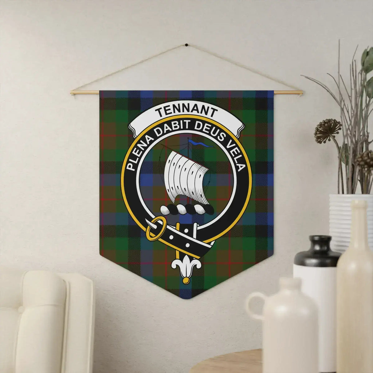Scottish clan Tennant crest tartan wall hanging pennant — 18x21 inch polyester twill with wooden dowel