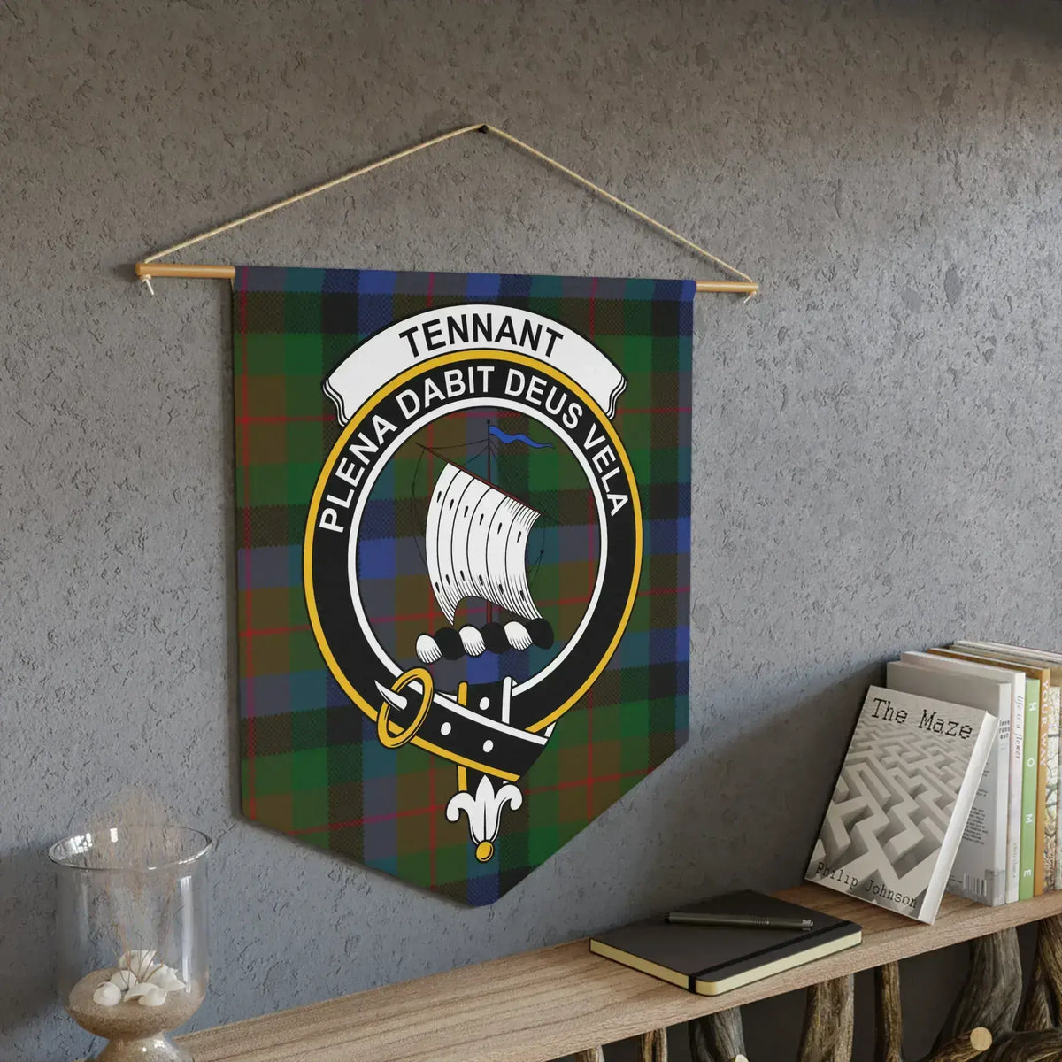 Tennant family crest plaid wall hanging decor — plena dabit deus vela, clan pennant