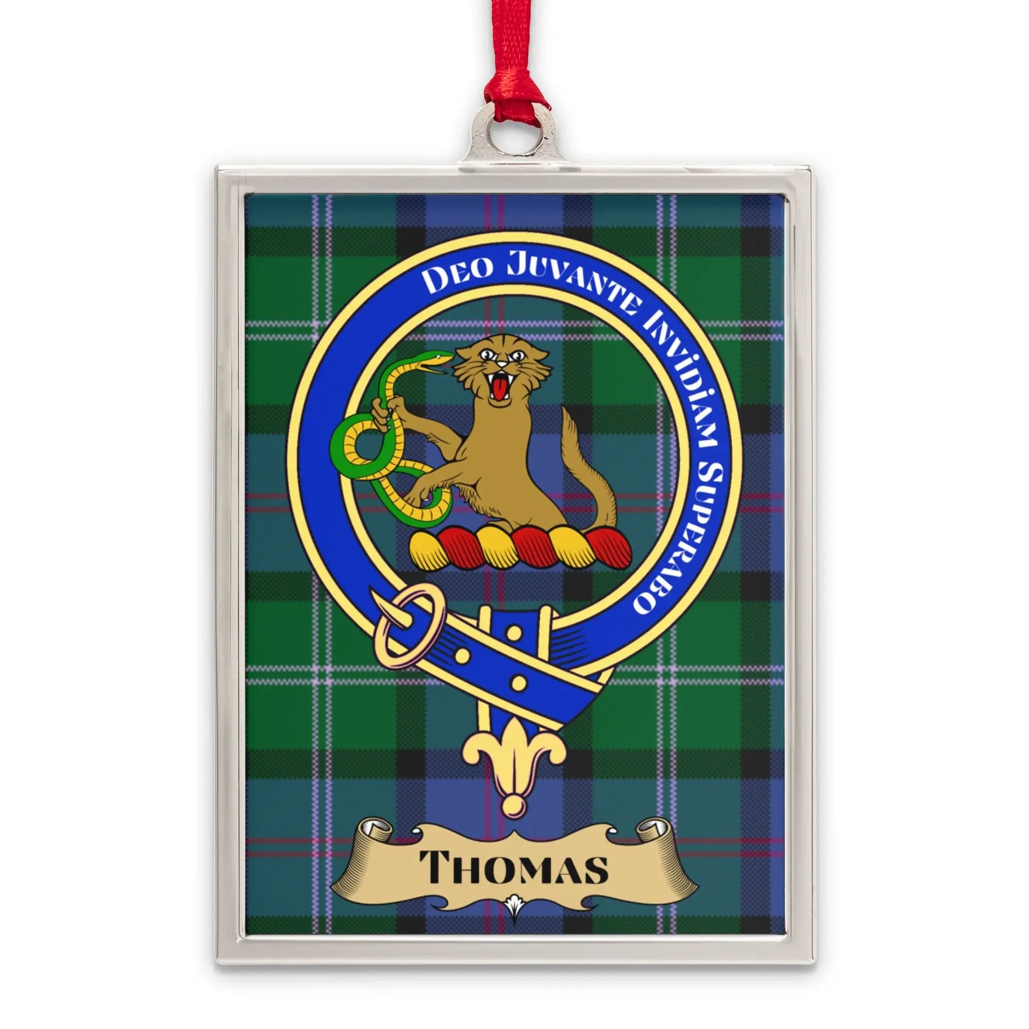 Thomas tartan-background crest ornament shown as a Scottish heritage keepsake gift