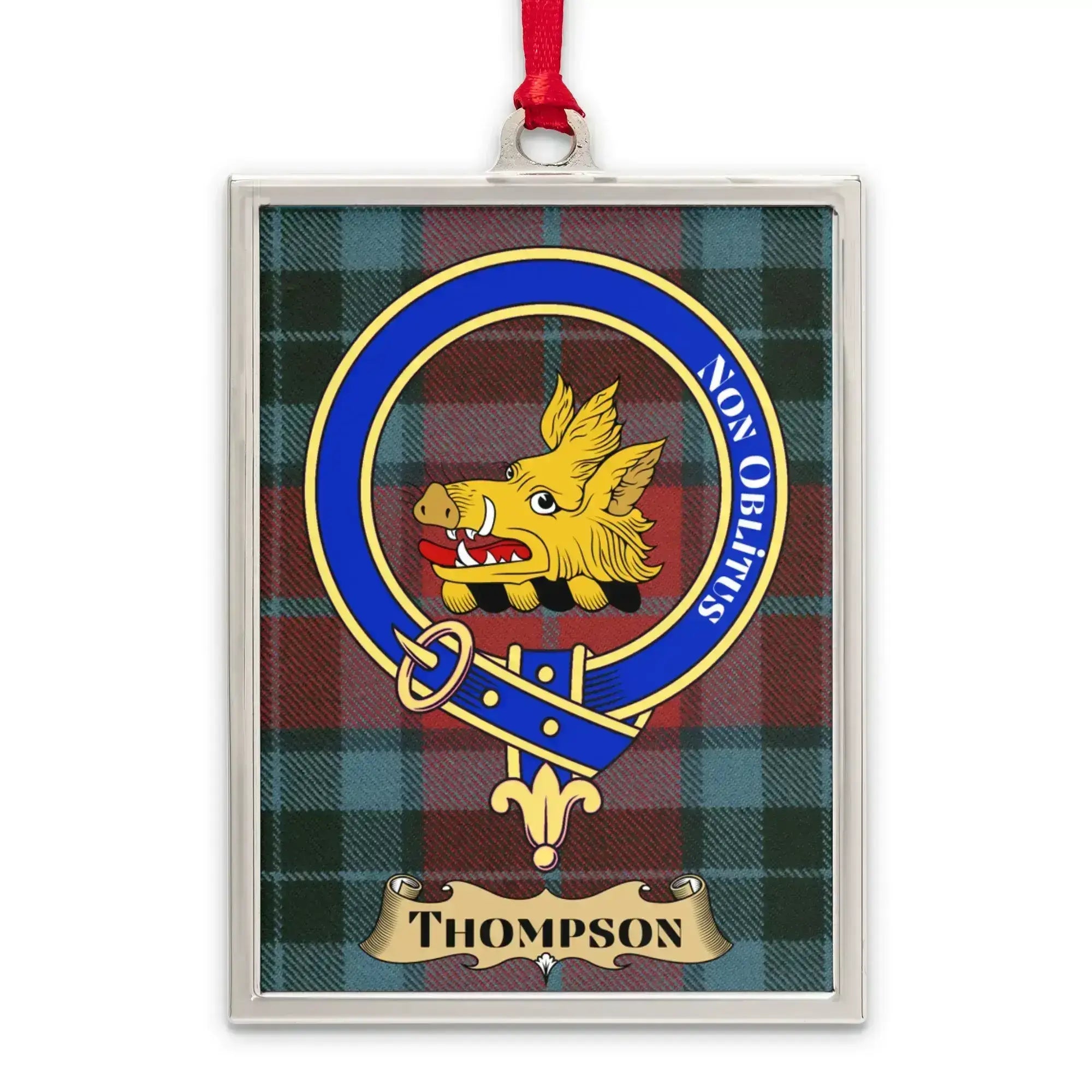 Thompson tartan-background crest ornament shown as a Scottish heritage keepsake gift