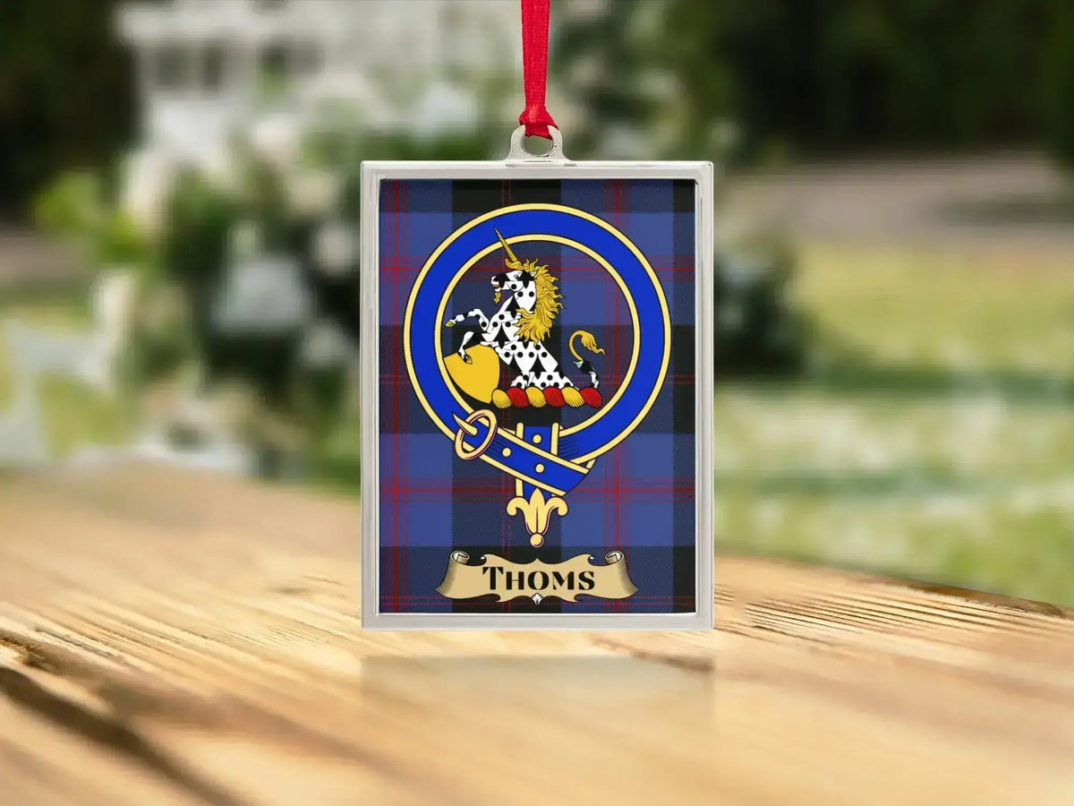 Close-up of the Thoms family crest on a polished silver-frame metal ornament