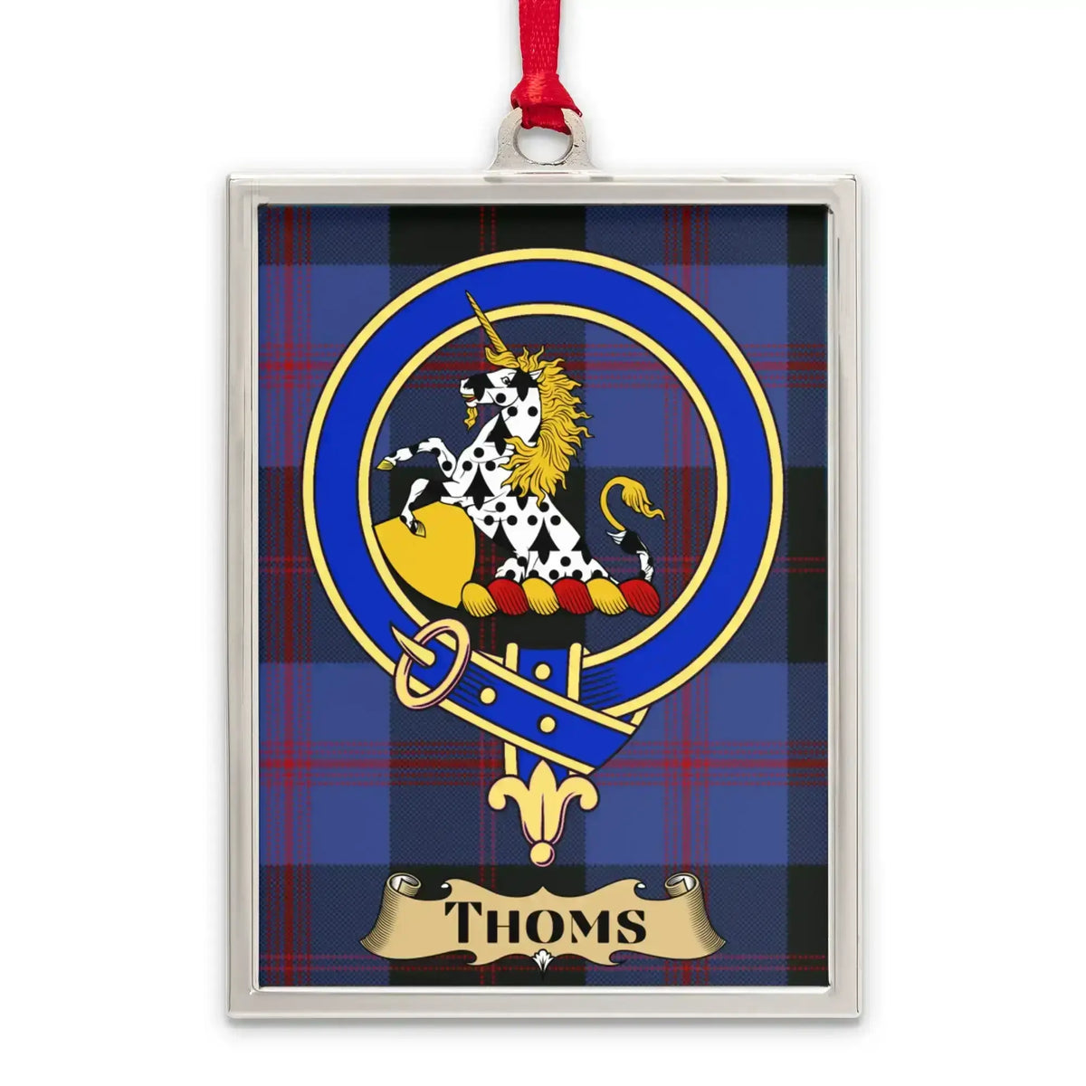 Thoms tartan-background crest ornament shown as a Scottish heritage keepsake gift