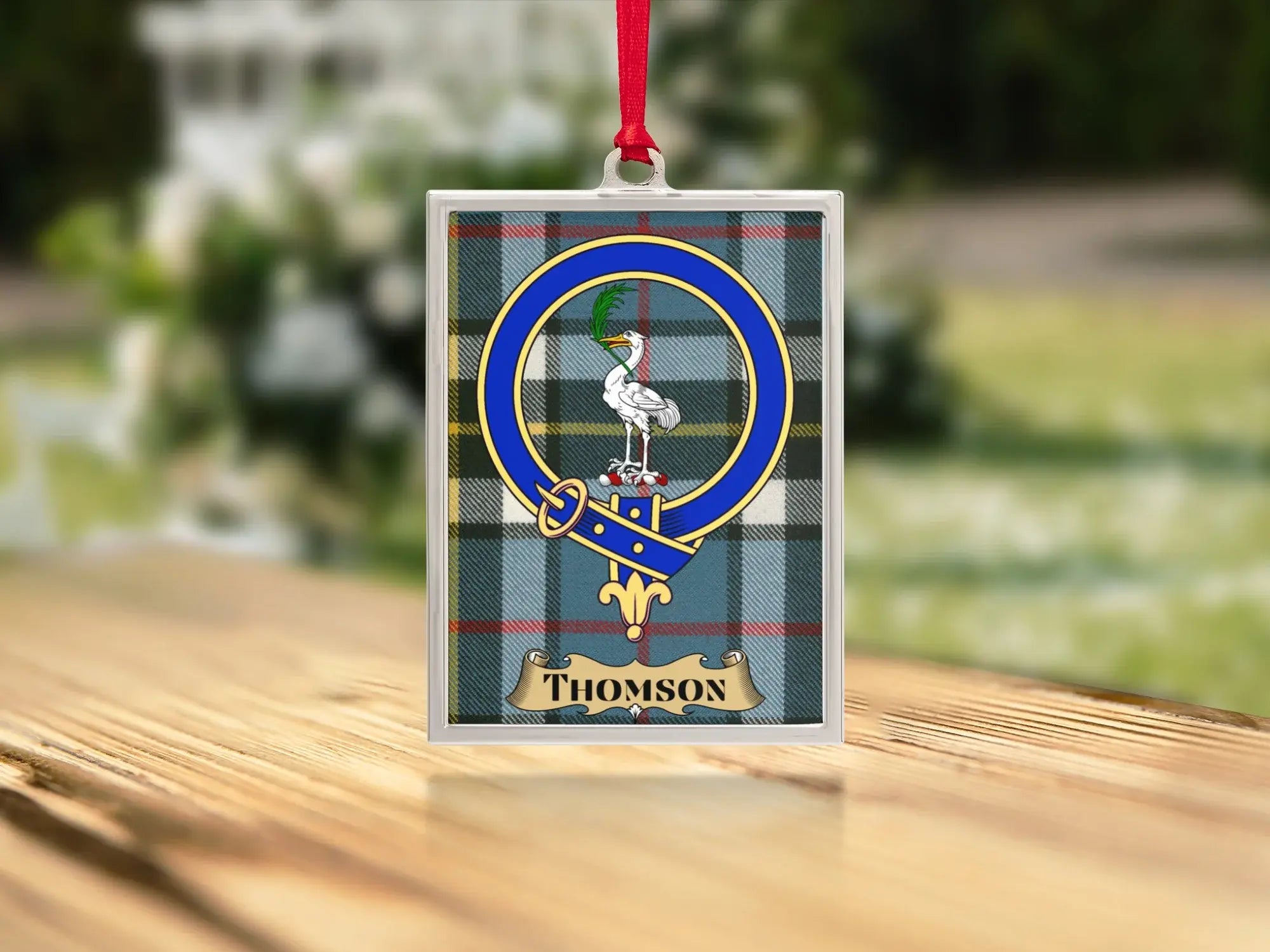 Close-up of the Thomson family crest on a polished silver-frame metal ornament