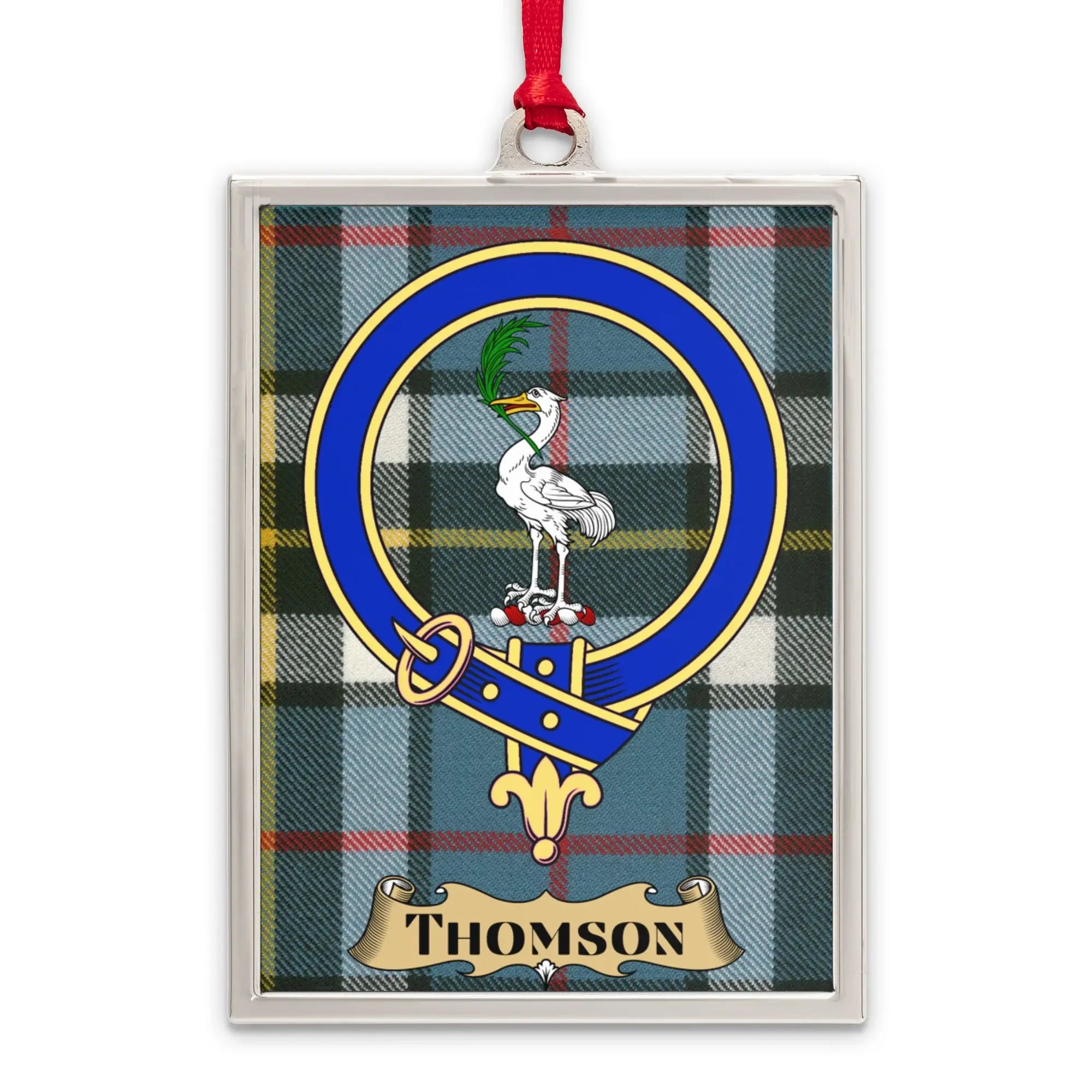 Thomson tartan-background crest ornament shown as a Scottish heritage keepsake gift
