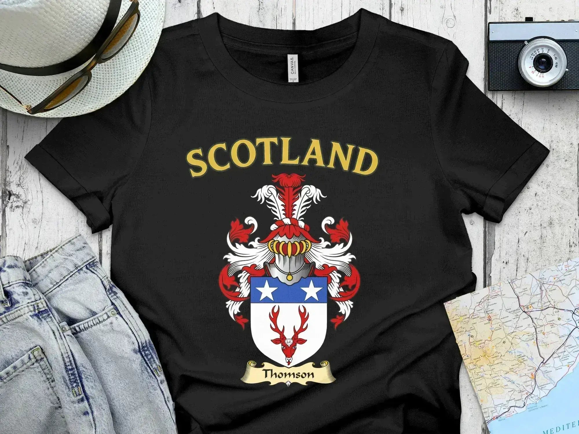 Clan Thomson Scotland coat of arms crest heritage t-shirt — navy blue, front view