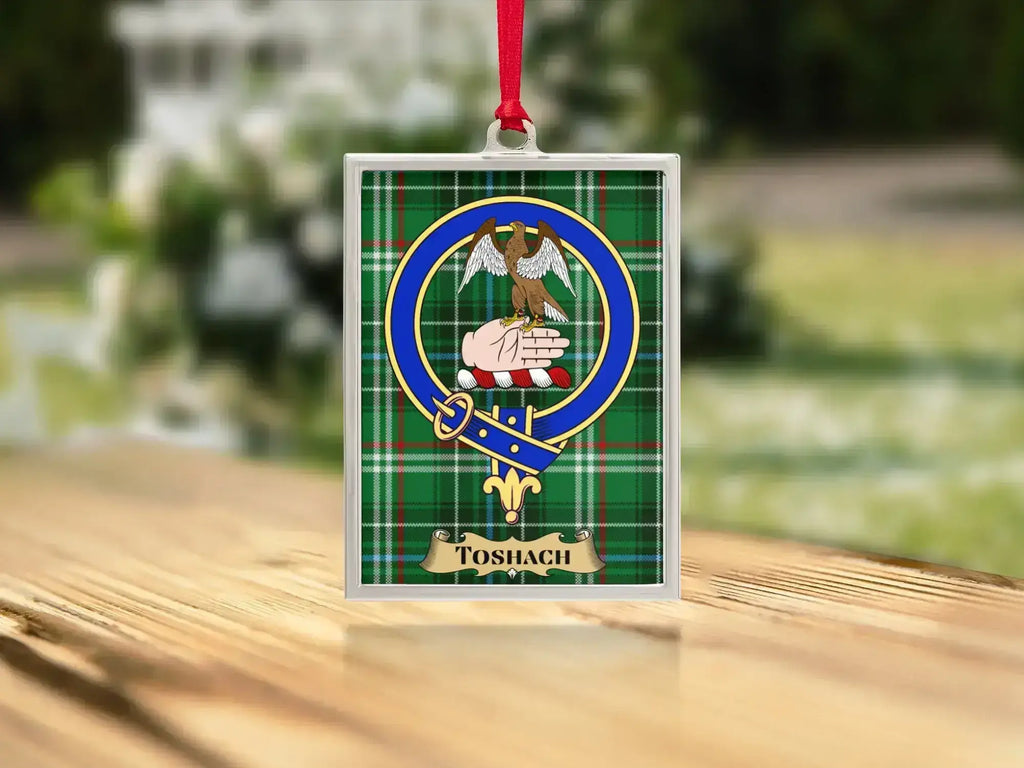 Close-up of the Toshach family crest on a polished silver-frame metal ornament