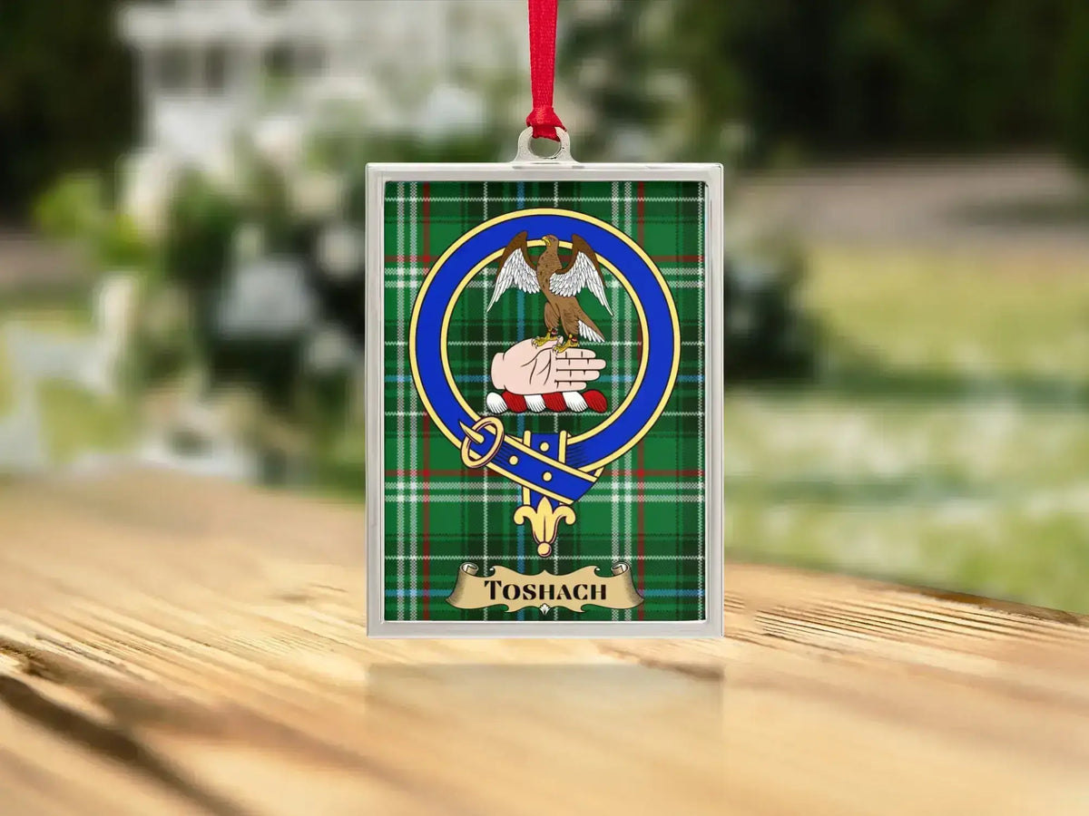 Close-up of the Toshach family crest on a polished silver-frame metal ornament