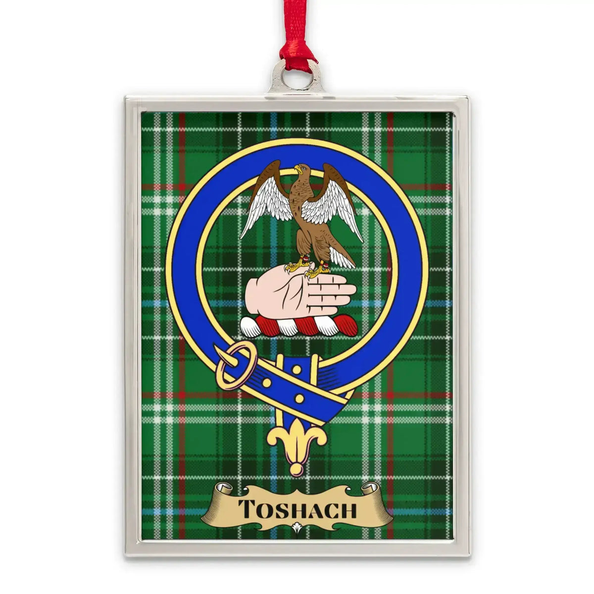 Toshach tartan-background crest ornament shown as a Scottish heritage keepsake gift