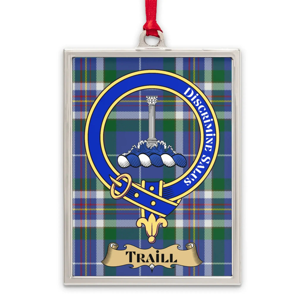 Traill tartan-background crest ornament shown as a Scottish heritage keepsake gift