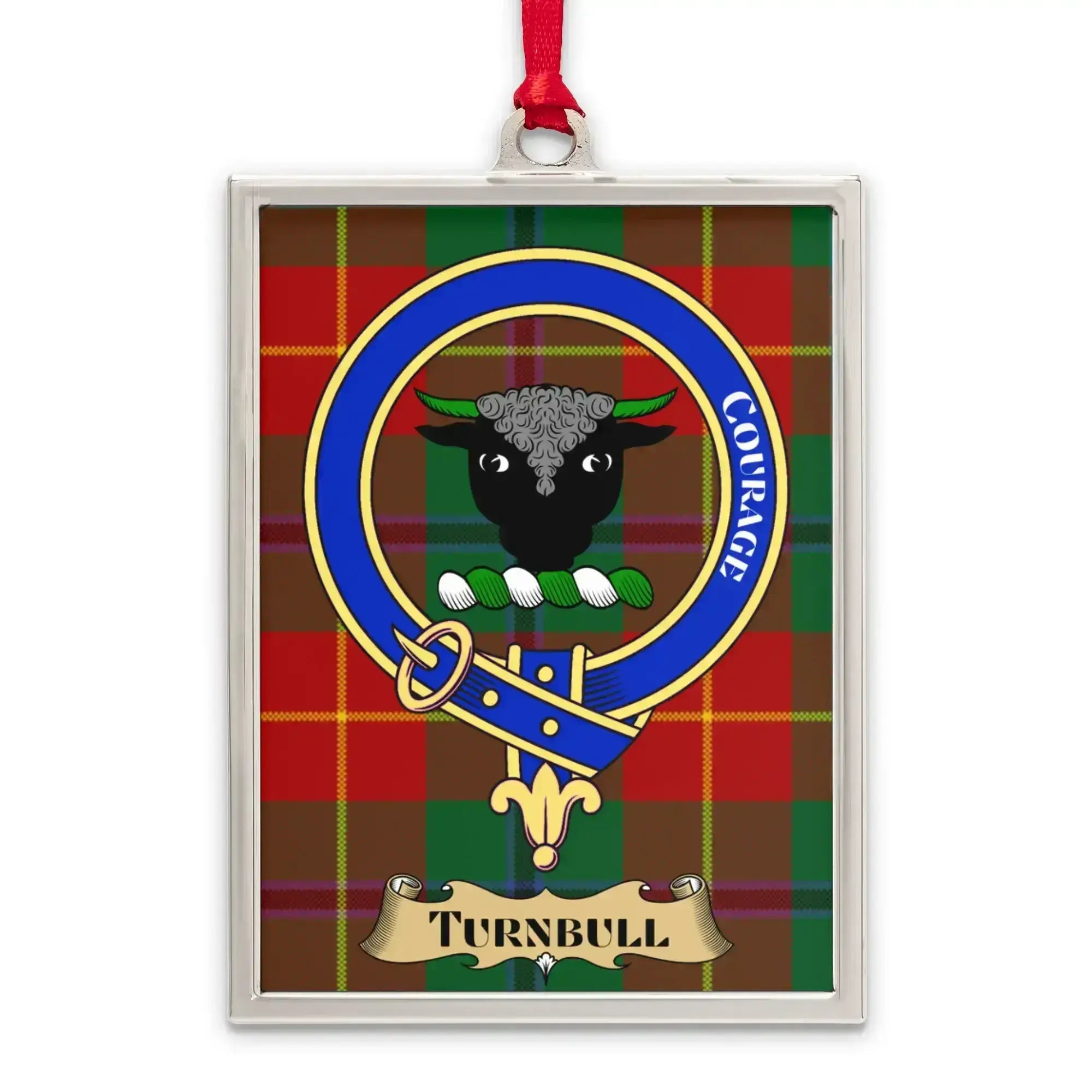 Turnbull tartan-background crest ornament shown as a Scottish heritage keepsake gift