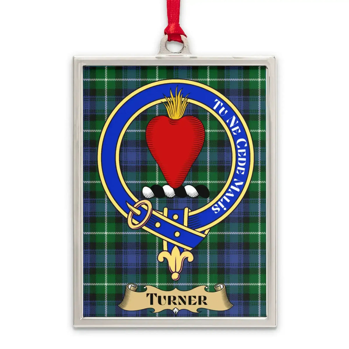 Turner tartan-background crest ornament shown as a Scottish heritage keepsake gift