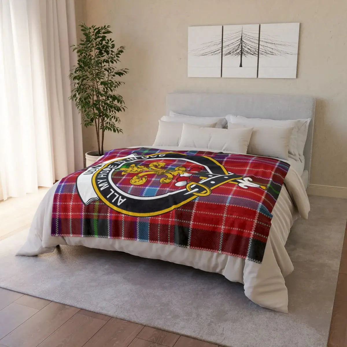 Decorative Crest Design Red Tartan Bedspread Blanket