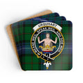 Clan Urquhart badge on tartan pattern coasters — glossy cork, 3.75 inch square