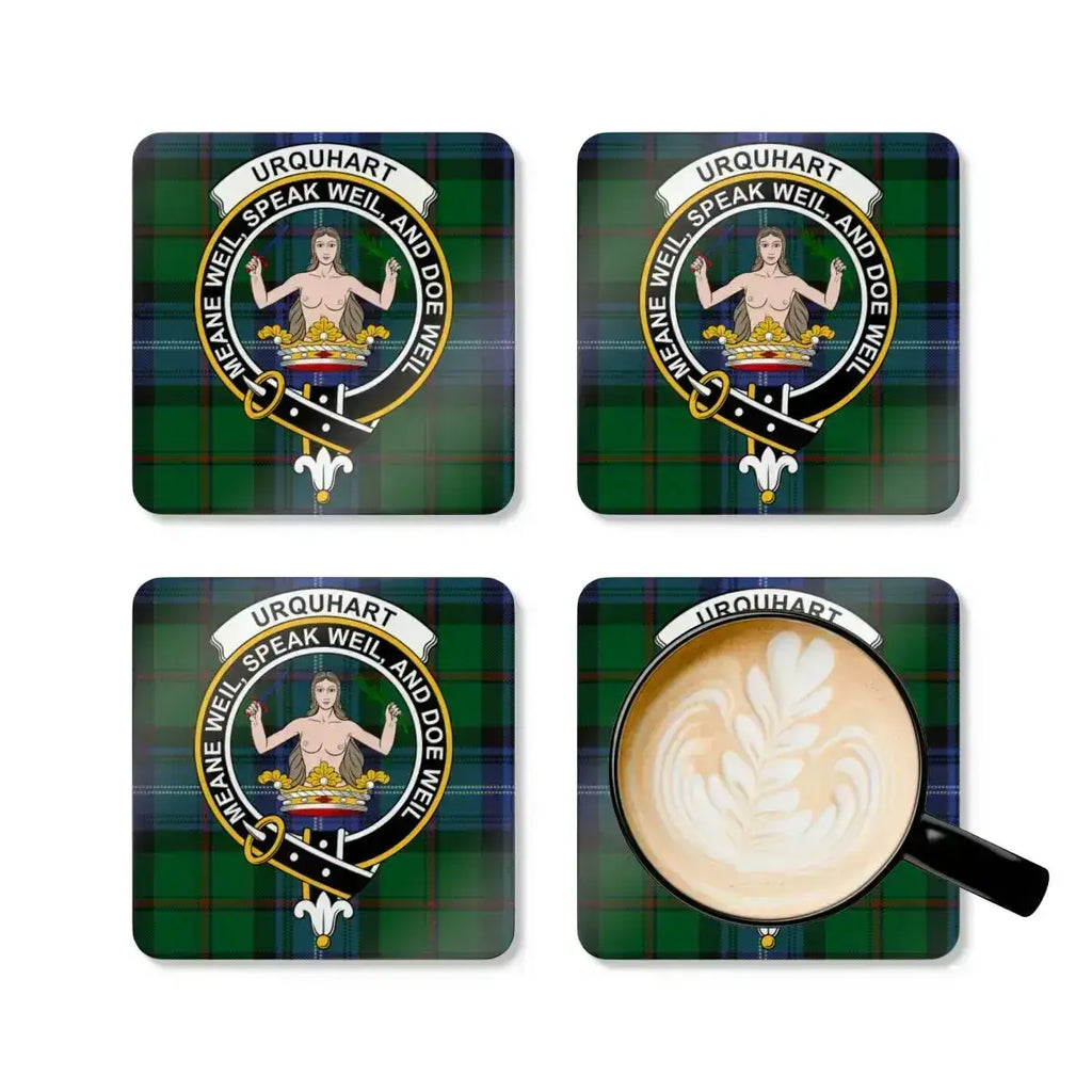 Urquhart family crest green tartan coaster set — four coasters, cork base