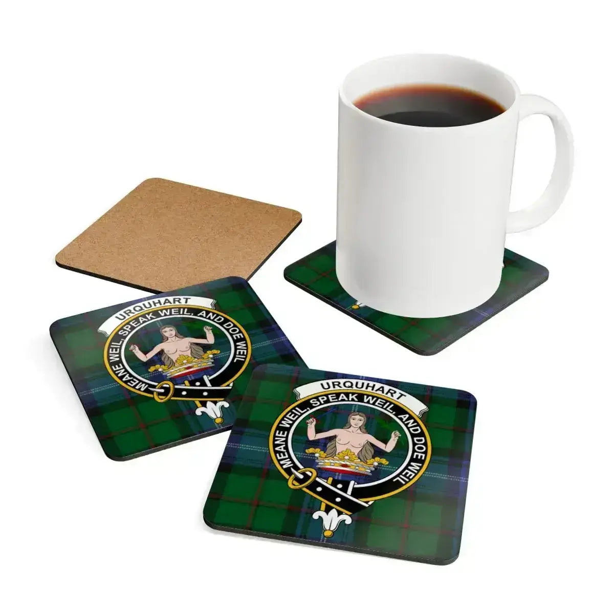 Clan Urquhart motto design square coaster set — single coaster detail view