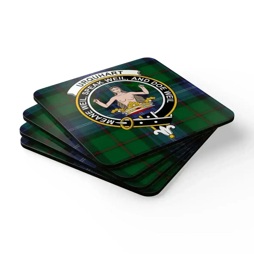 Urquhart tartan coasters with clan crest — set on table, in use