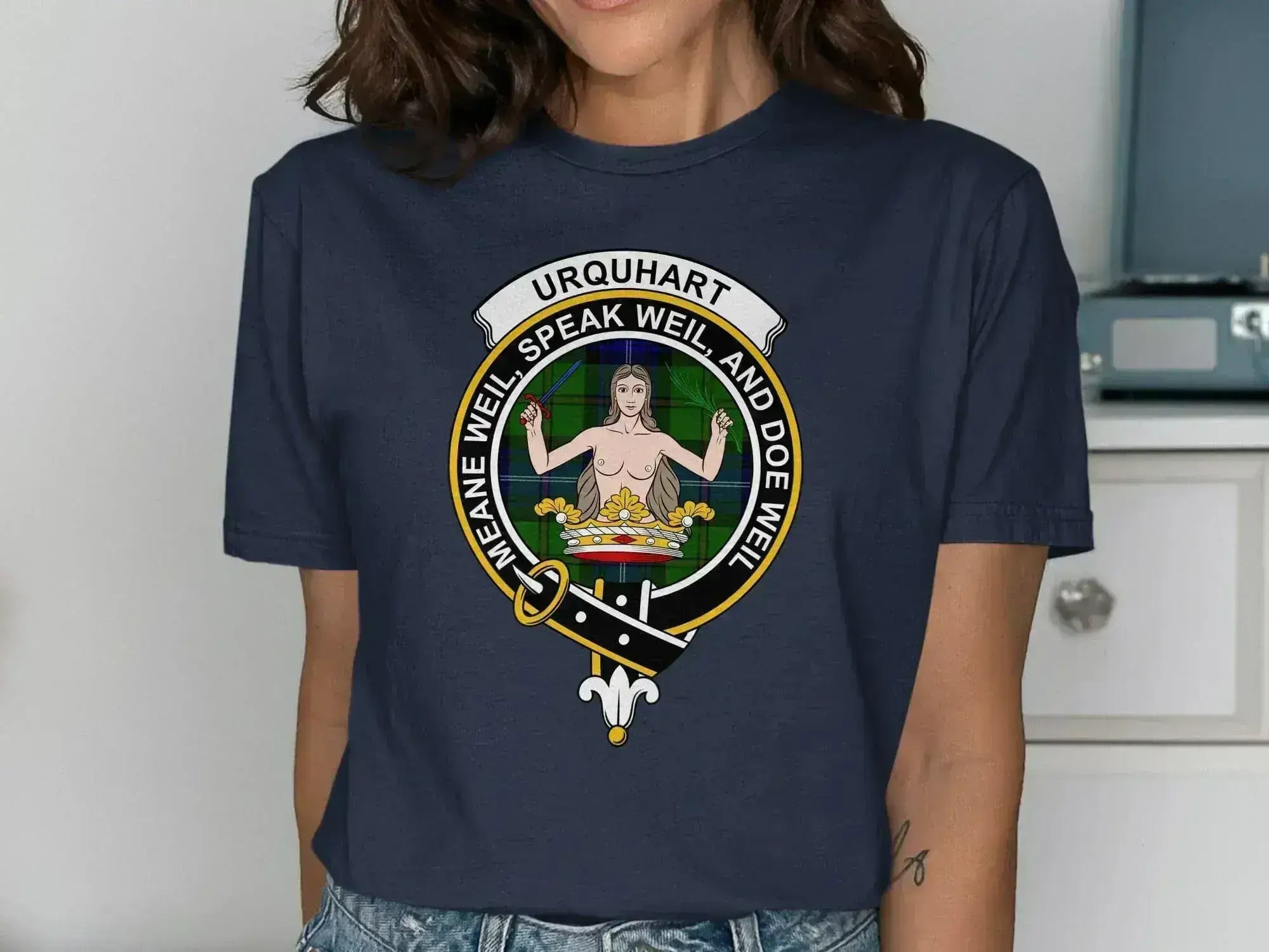 Urquhart clan crest emblem navy blue t-shirt — front view