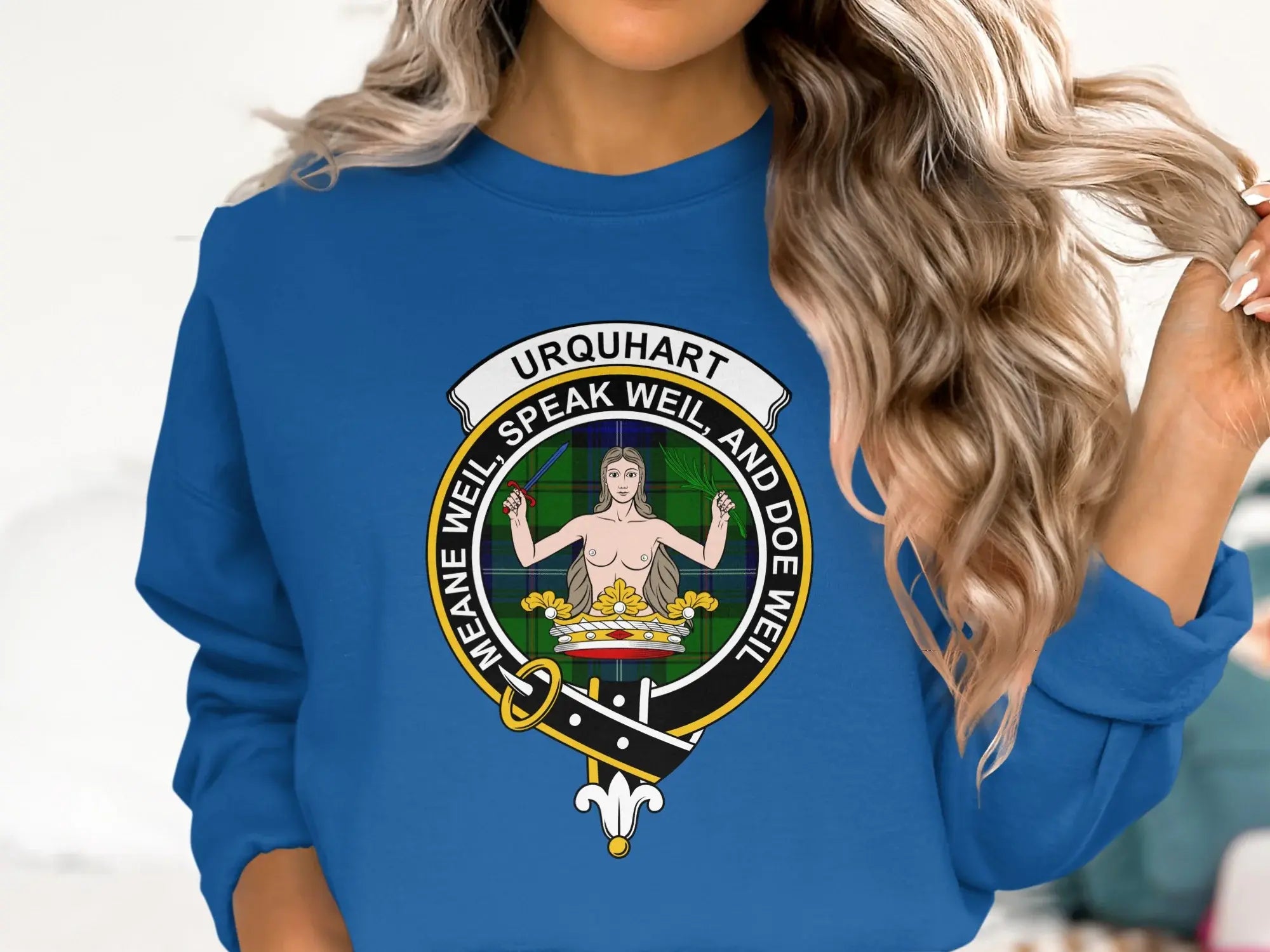 Clan Urquhart speake weil and doe weil sweatshirt — royal blue, ribbed cuffs