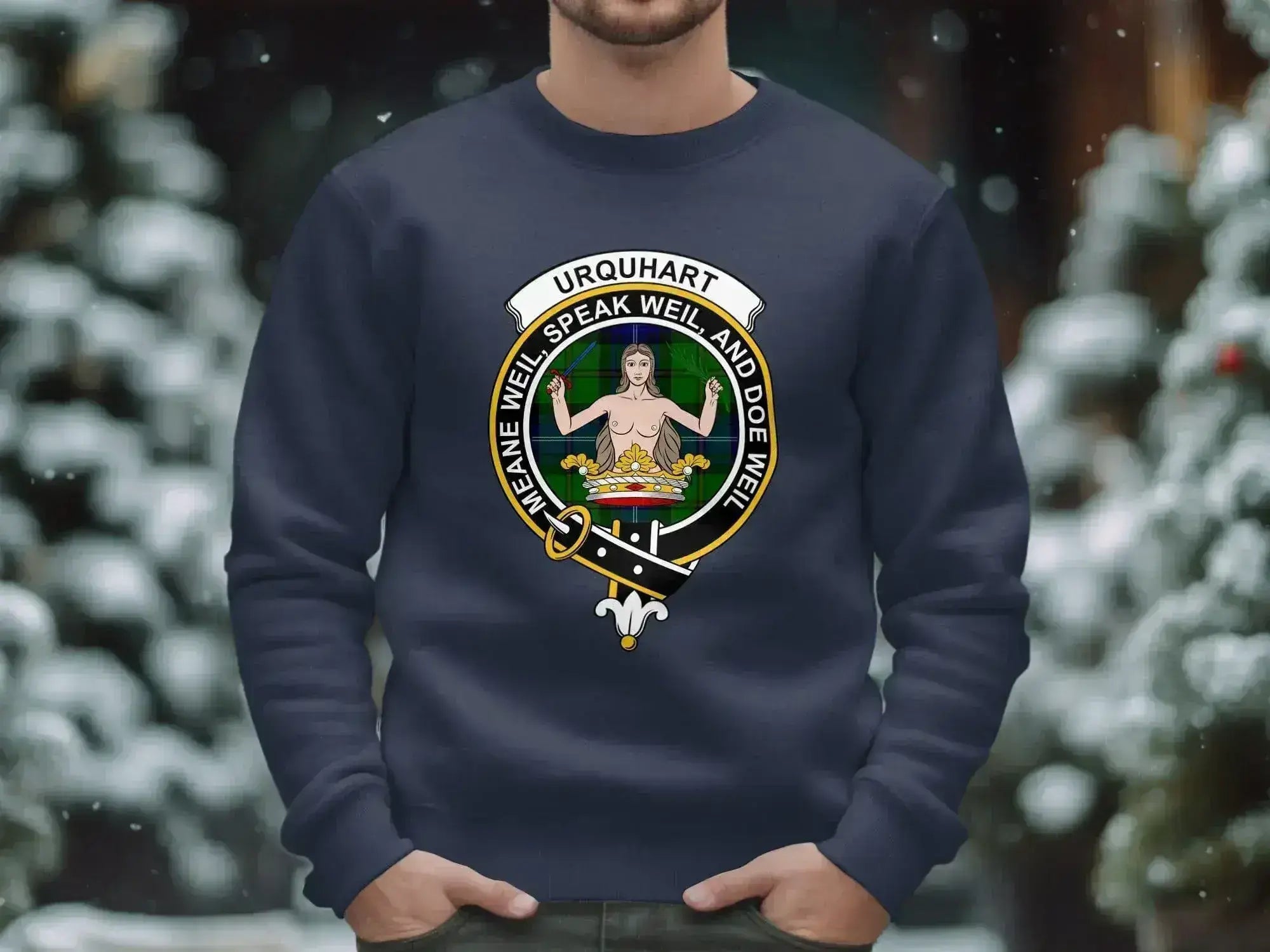 Urquhart family crest speake weil doe weil sweatshirt — forest green, sizes S to 3XL