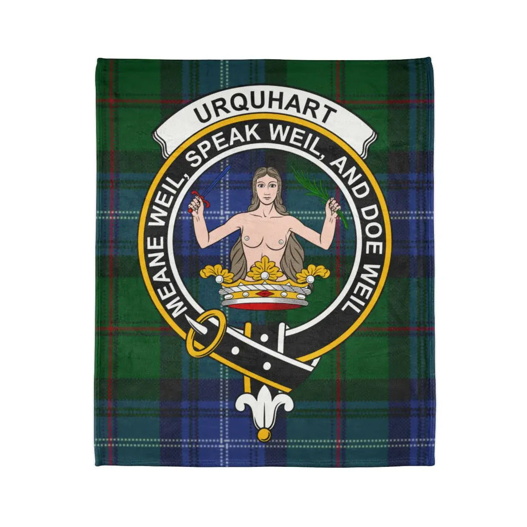 Urquhart family crest tartan blanket featuring meane weil speake weil doe weil motto