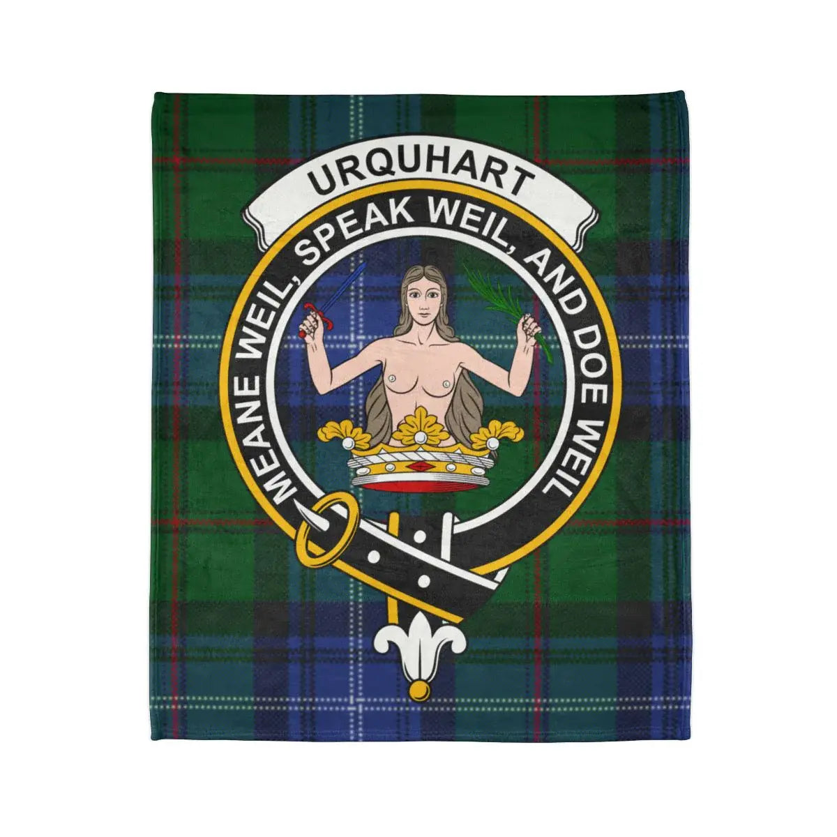 Urquhart family crest tartan blanket featuring meane weil speake weil doe weil motto