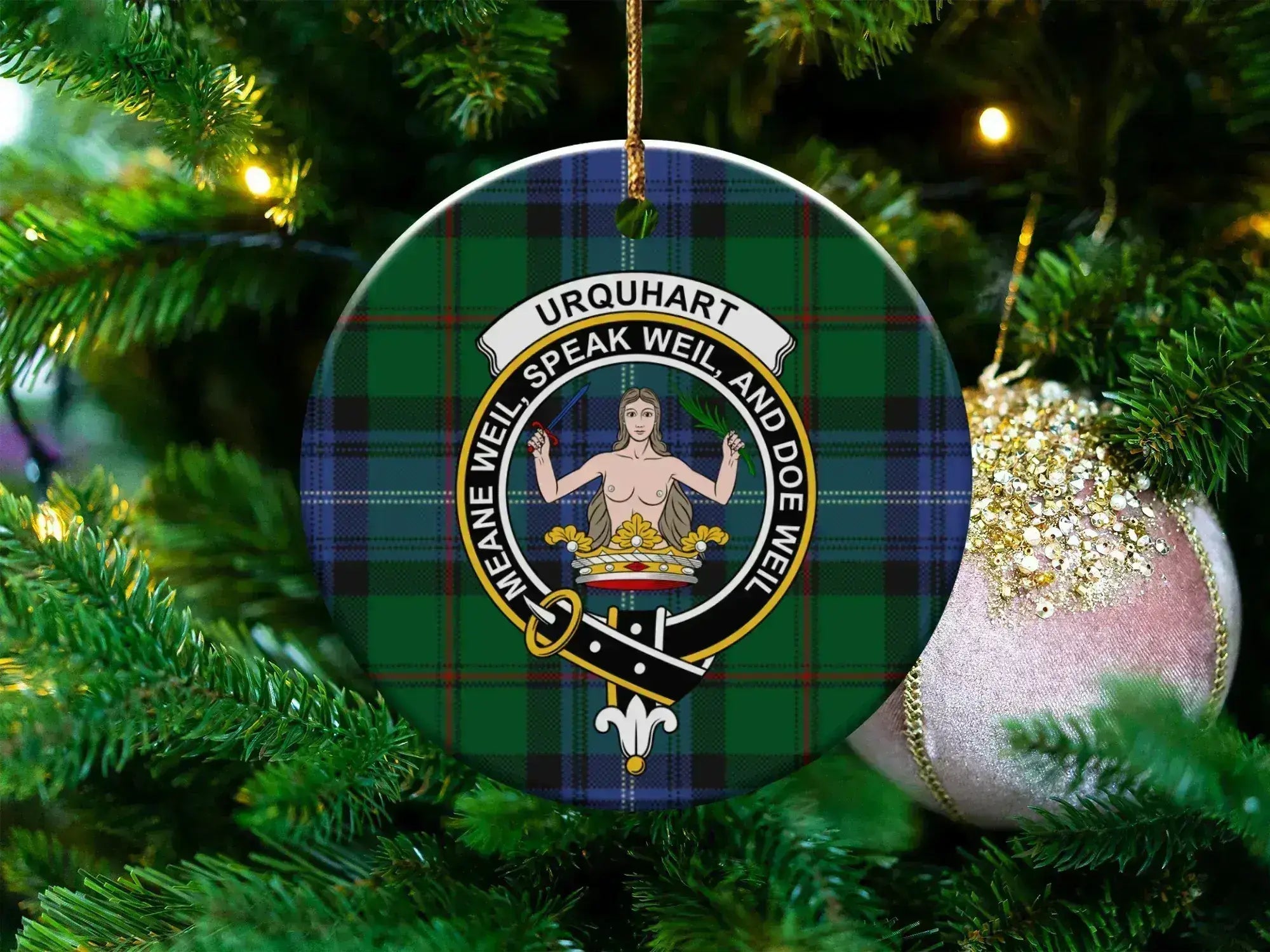 Clan Urquhart Scottish crest Christmas ornament — 3 inch, double-sided with gold string