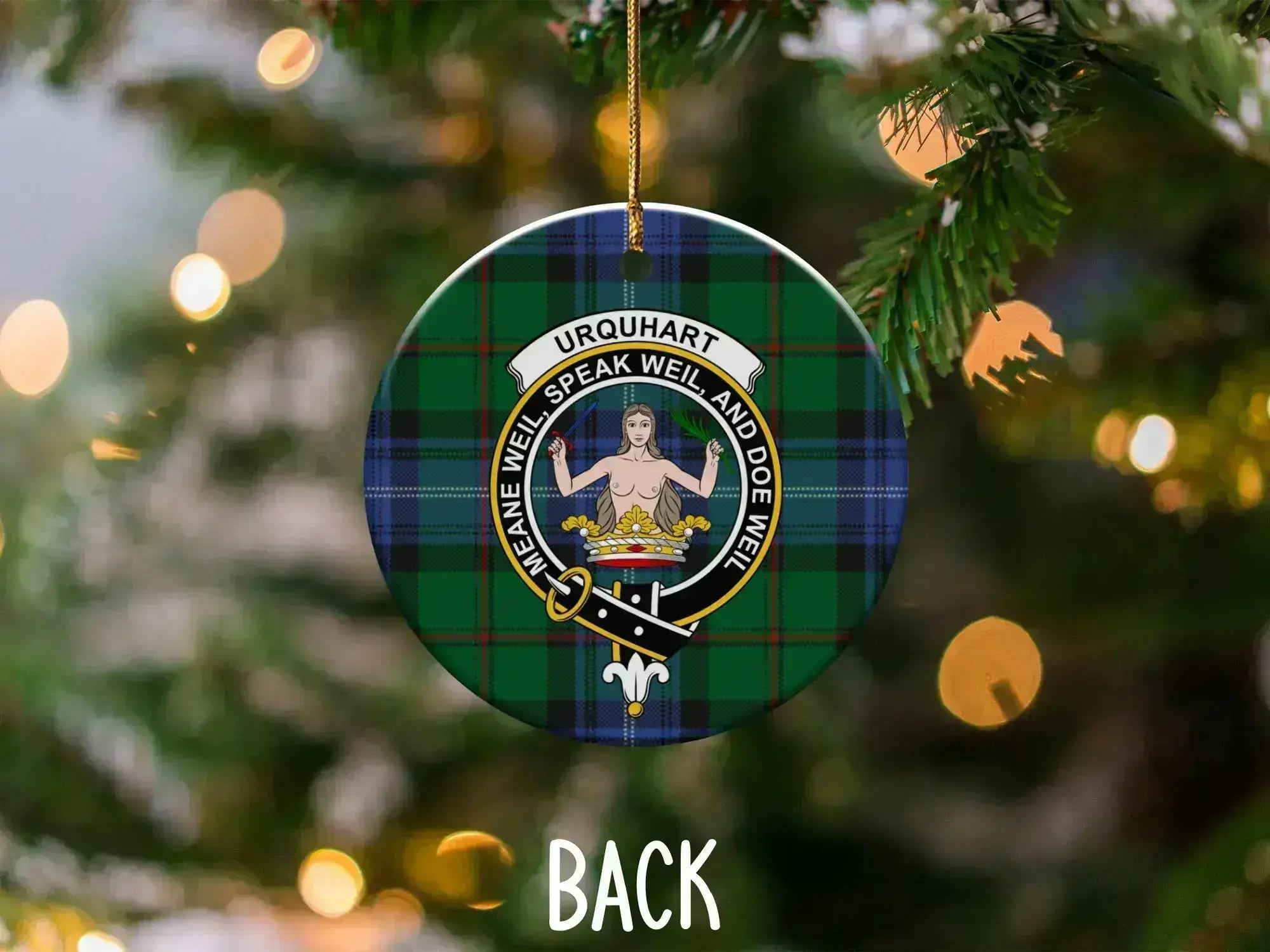 Urquhart speake weil and doe weil clan crest ornament — tartan background, ceramic