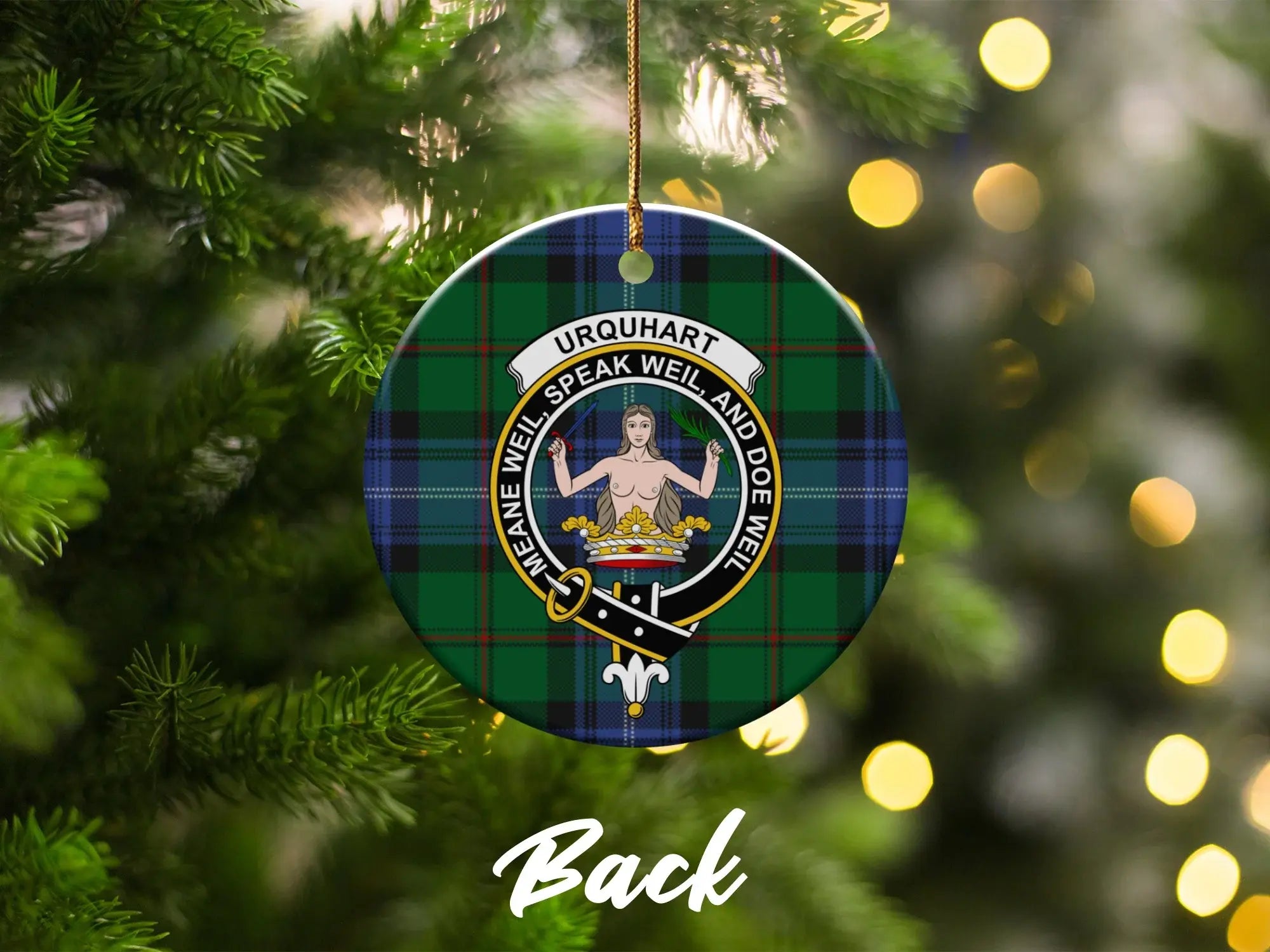 Clan Urquhart tartan personalised ornament — meane weil crest, heritage keepsake