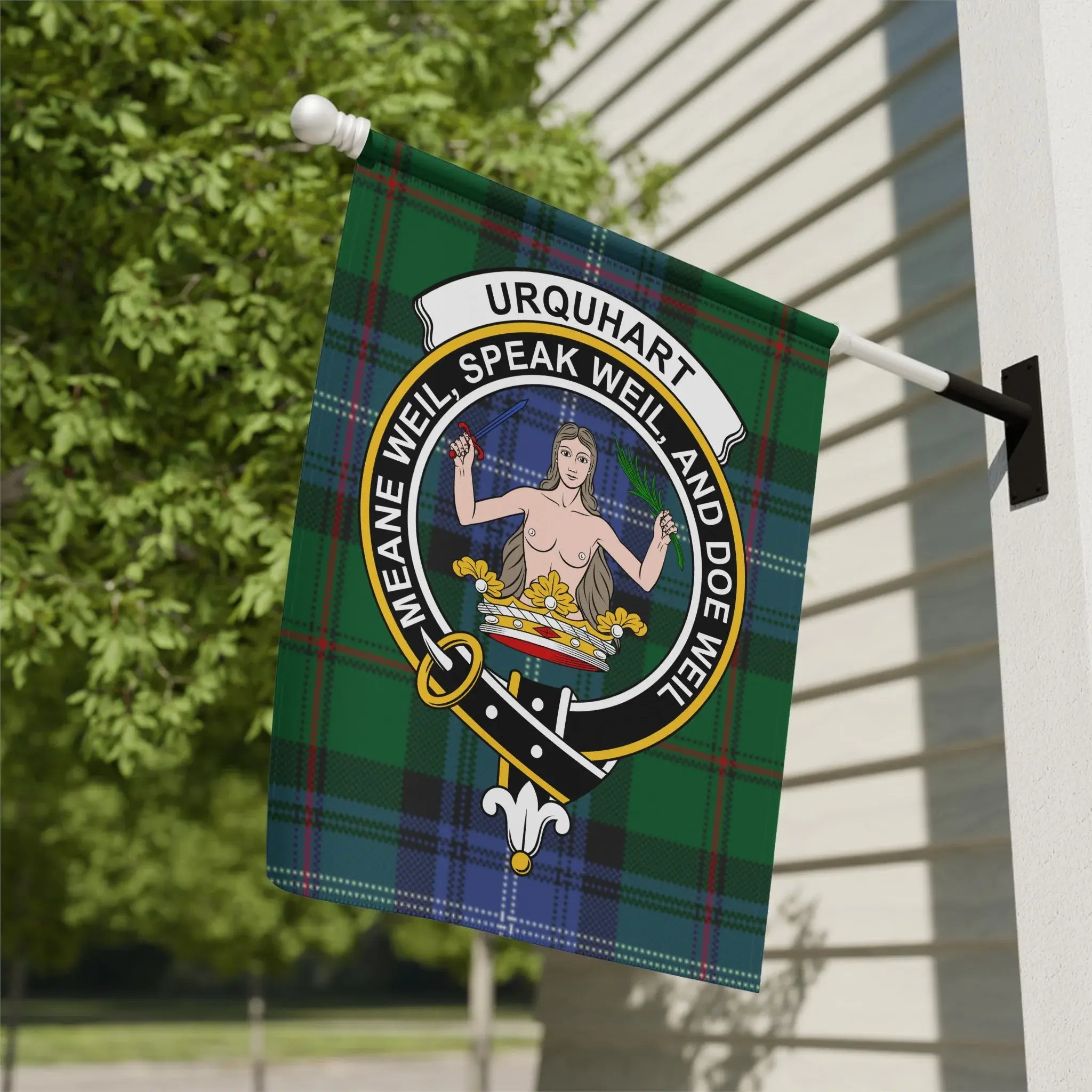Clan Urquhart meane weil crest tartan garden flag — 12x18 inch, poly canvas