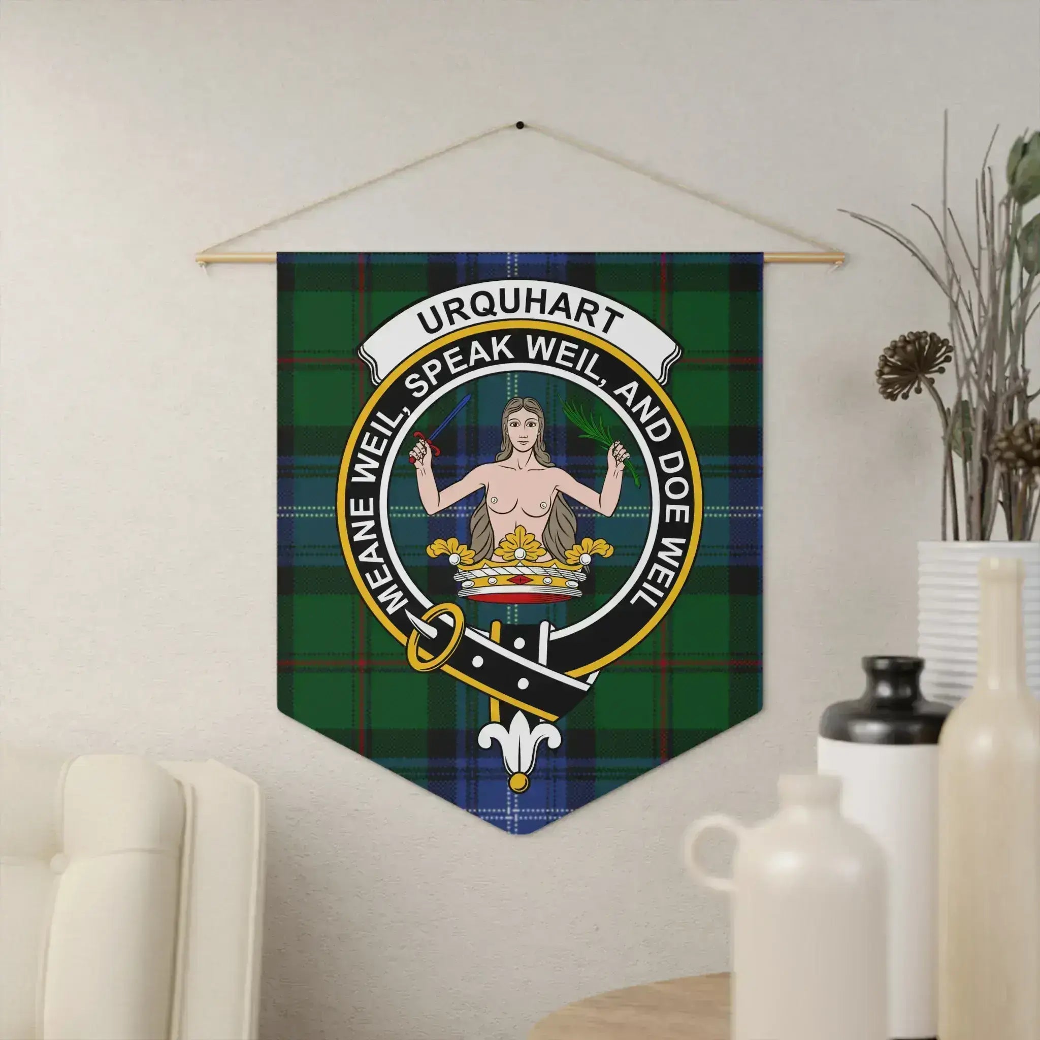 Clan Urquhart meane speake weil doe weil wall art pennant — 18x21 inch polyester twill with wooden dowel