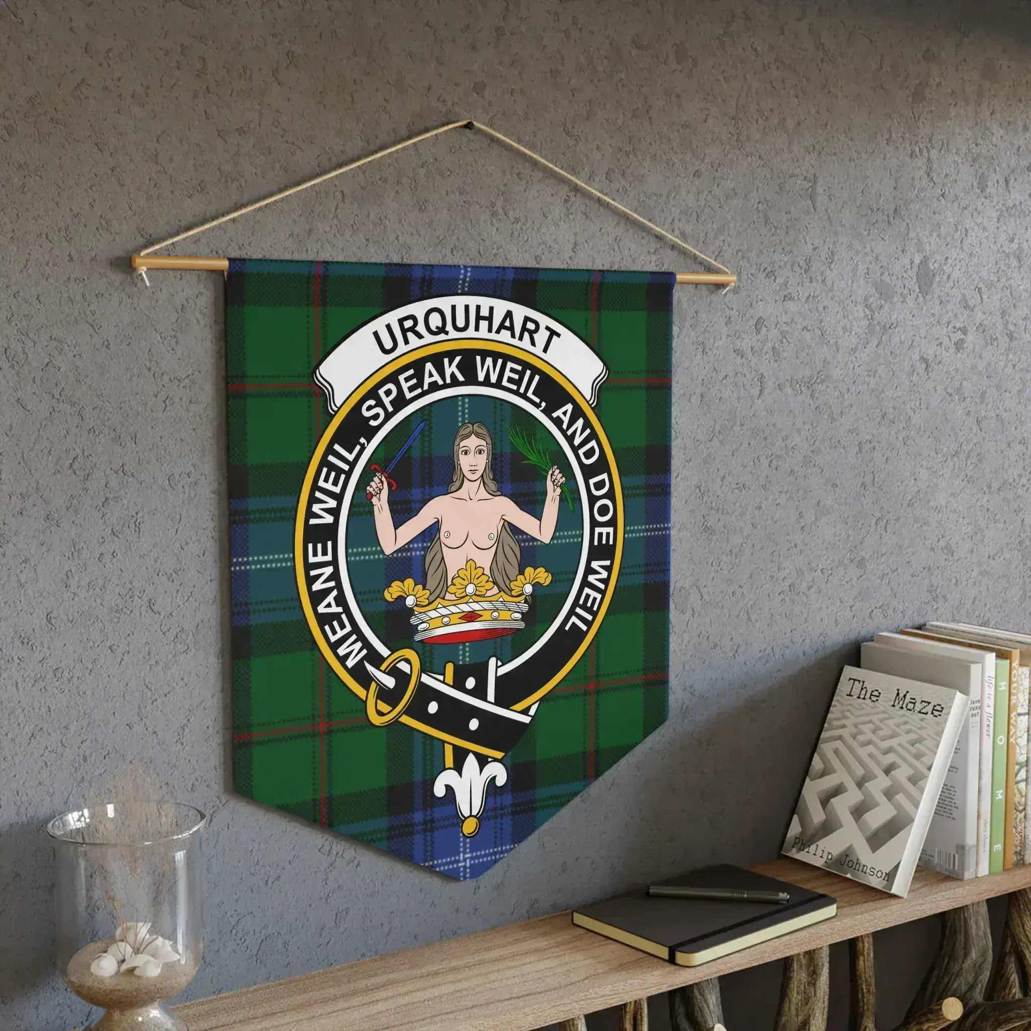 Urquhart clan crest tartan wall hanging pennant — clan motto design