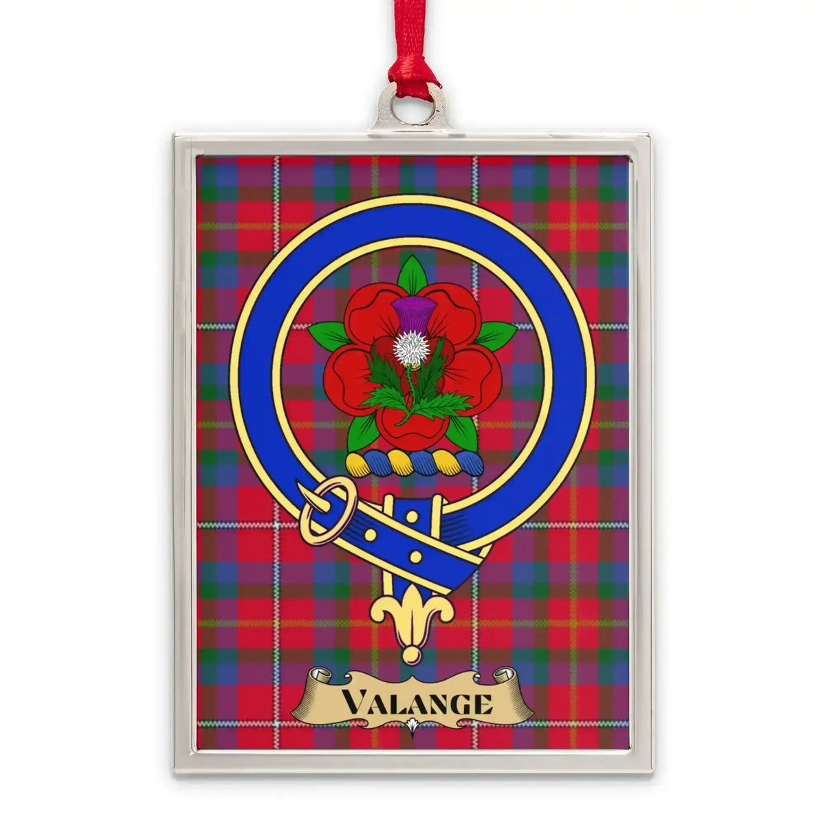 Valange tartan-background crest ornament shown as a Scottish heritage keepsake gift