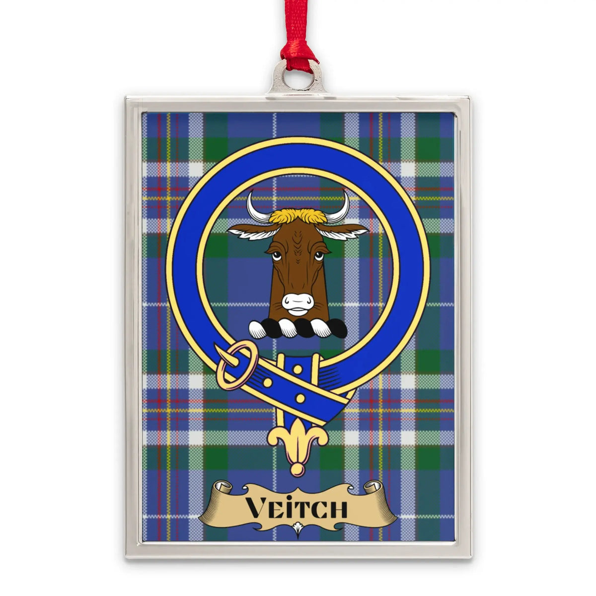 Veitch tartan-background crest ornament shown as a Scottish heritage keepsake gift