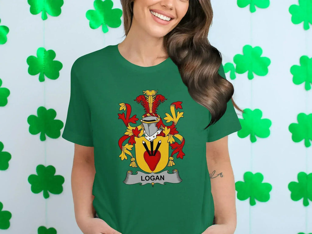Logan family crest emblem t-shirt in green — vibrant full-colour heraldic design on 100% cotton