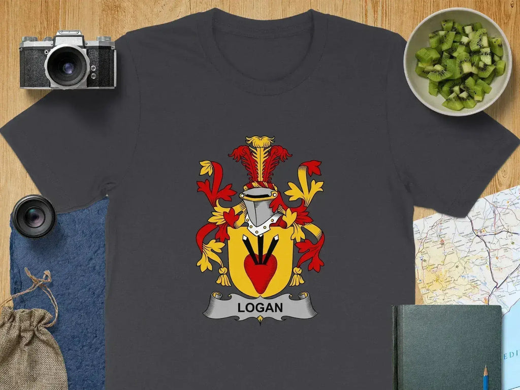 Logan family crest coat of arms t-shirt in black — heraldic design on 100% cotton