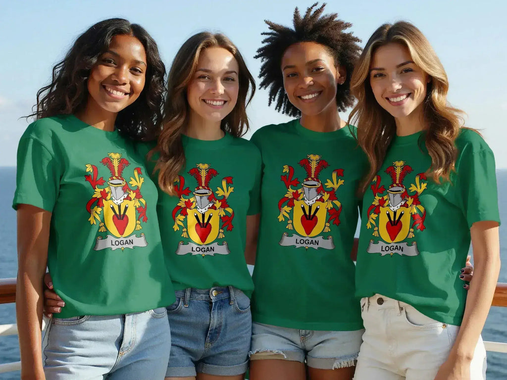 Logan family crest colourful t-shirt — detailed heraldic design on cotton