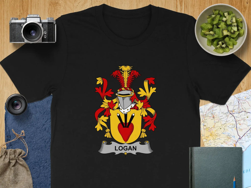 Logan family crest t-shirt in green — Scottish heritage emblem on comfortable cotton