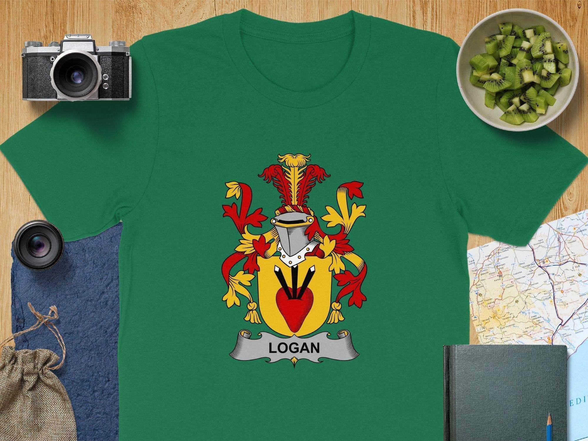 Logan family crest t-shirt stylish green — vibrant heraldic design on cotton