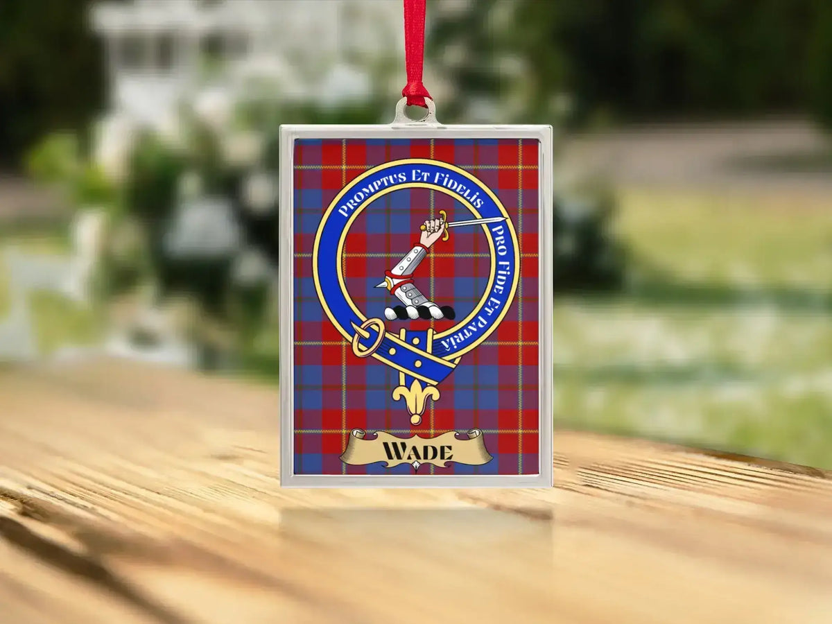 Close-up of the Wade family crest on a polished silver-frame metal ornament