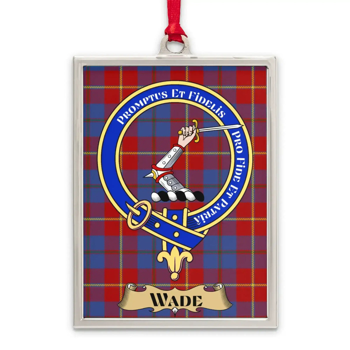 Wade tartan-background crest ornament shown as a Scottish heritage keepsake gift