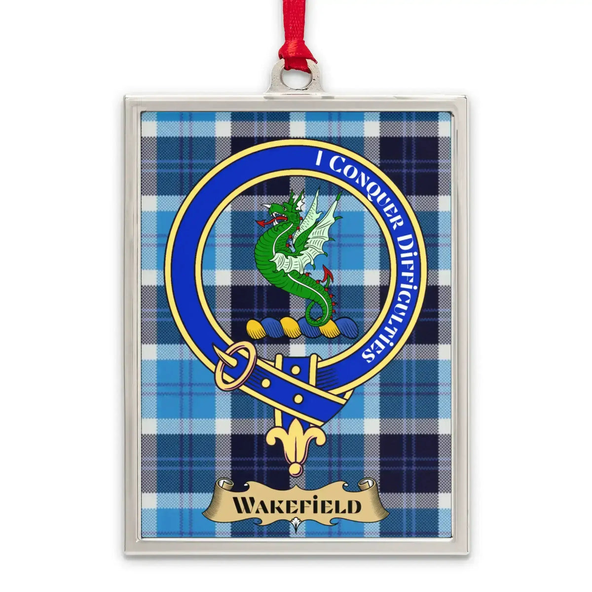 Wakefield tartan-background crest ornament shown as a Scottish heritage keepsake gift