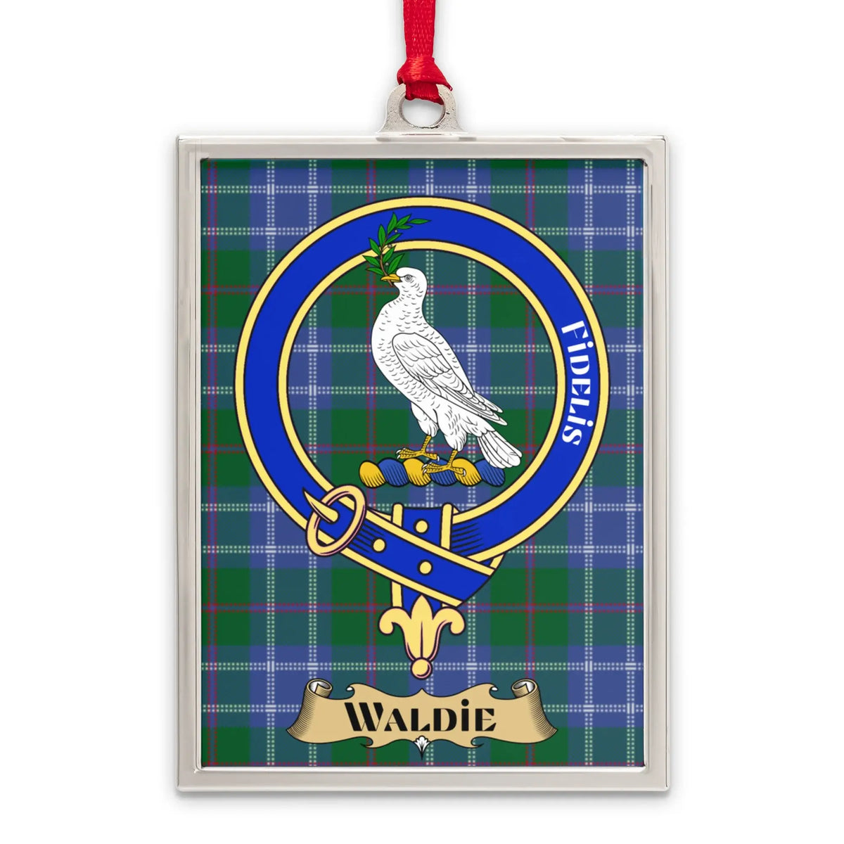 Waldie tartan-background crest ornament shown as a Scottish heritage keepsake gift