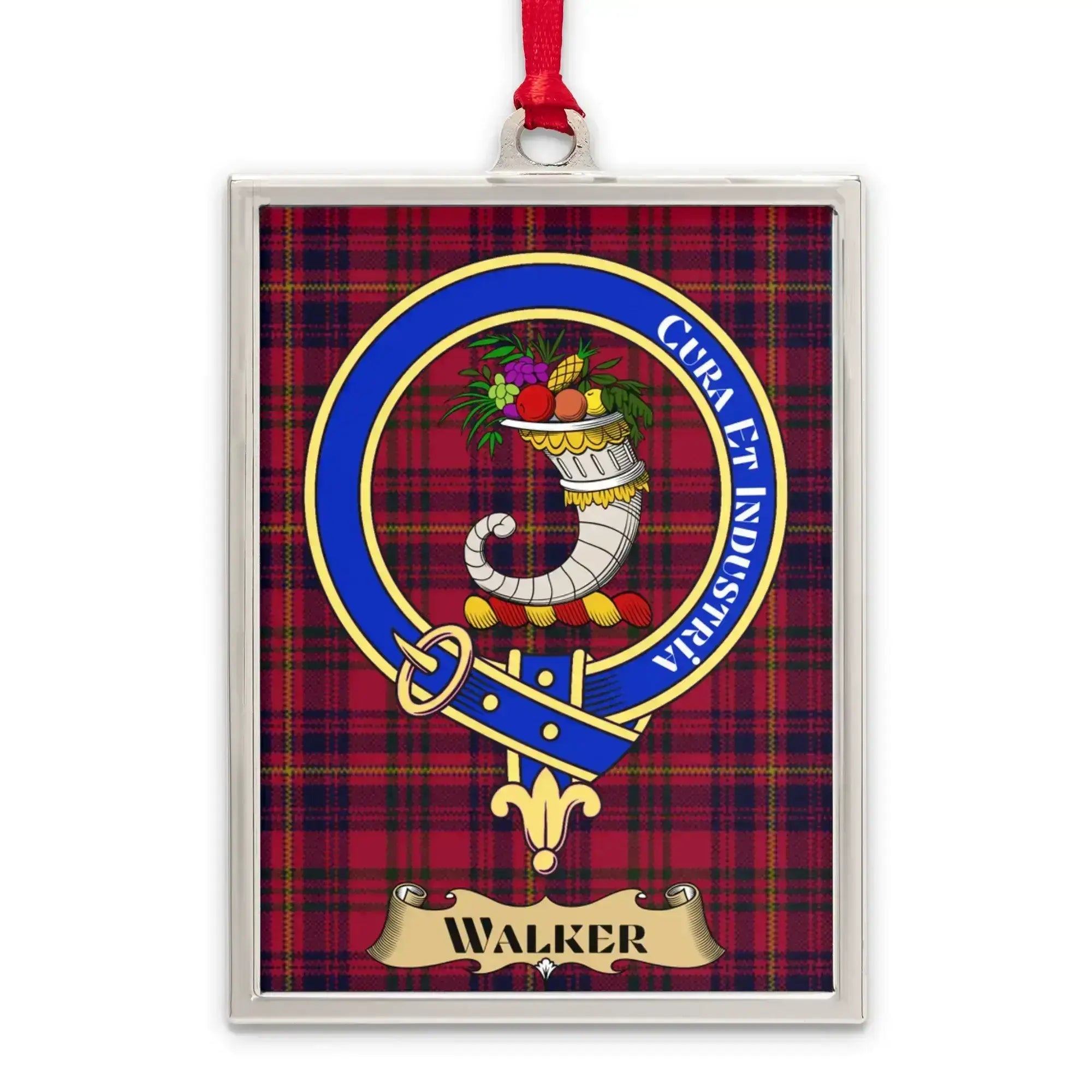 Walker tartan-background crest ornament shown as a Scottish heritage keepsake gift