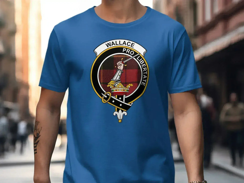 Clan Wallace pro libertate crest design t-shirt — royal blue, S to 3XL