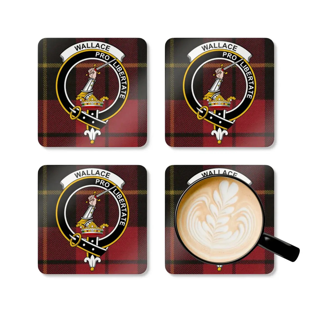 Wallace pro libertate tartan coasters — set view, cork base
