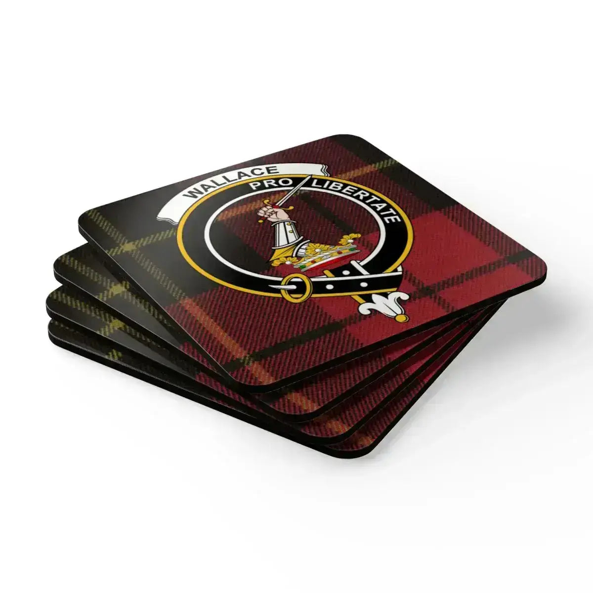 Wallace pro libertate red plaid coasters — set of four on table