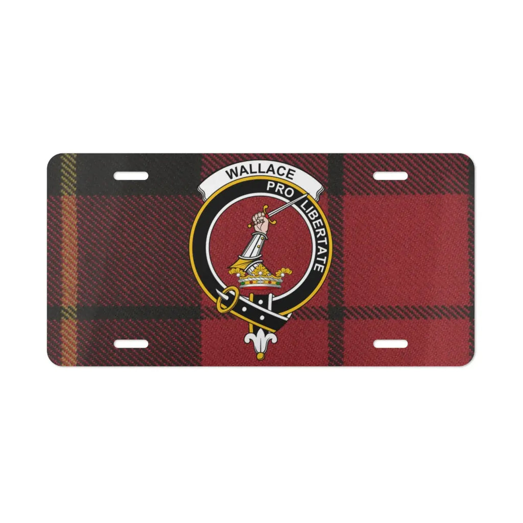 Clan Wallace pro libertate red and black plaid tartan license plate — 100% aluminium, 12x6 inch
