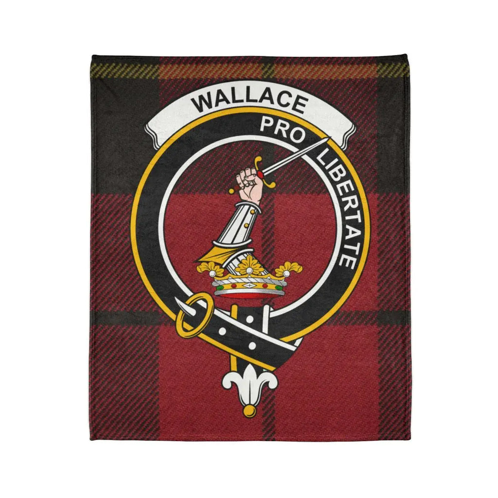Clan Wallace pro libertate tartan blanket design — crest detail on polyester throw